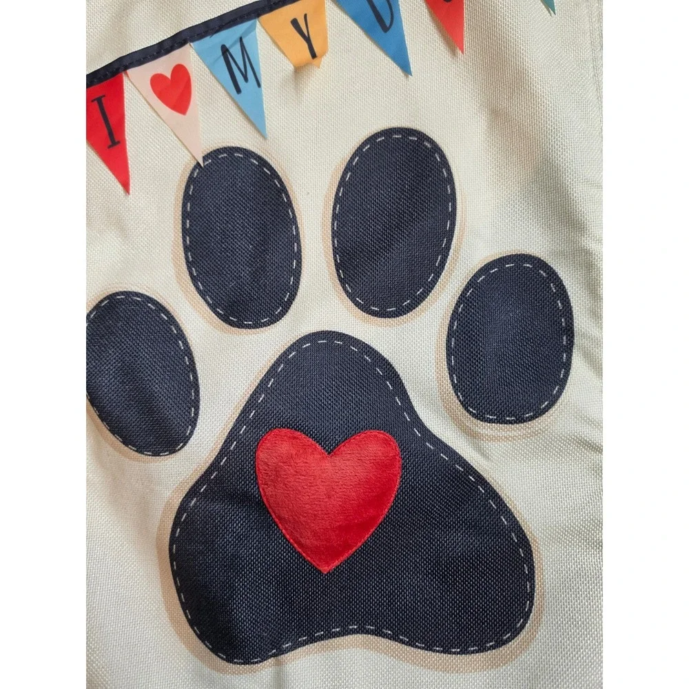 I Love My Dog Garden Flag Burlap Paw Print Heart Decorative Yard Banner